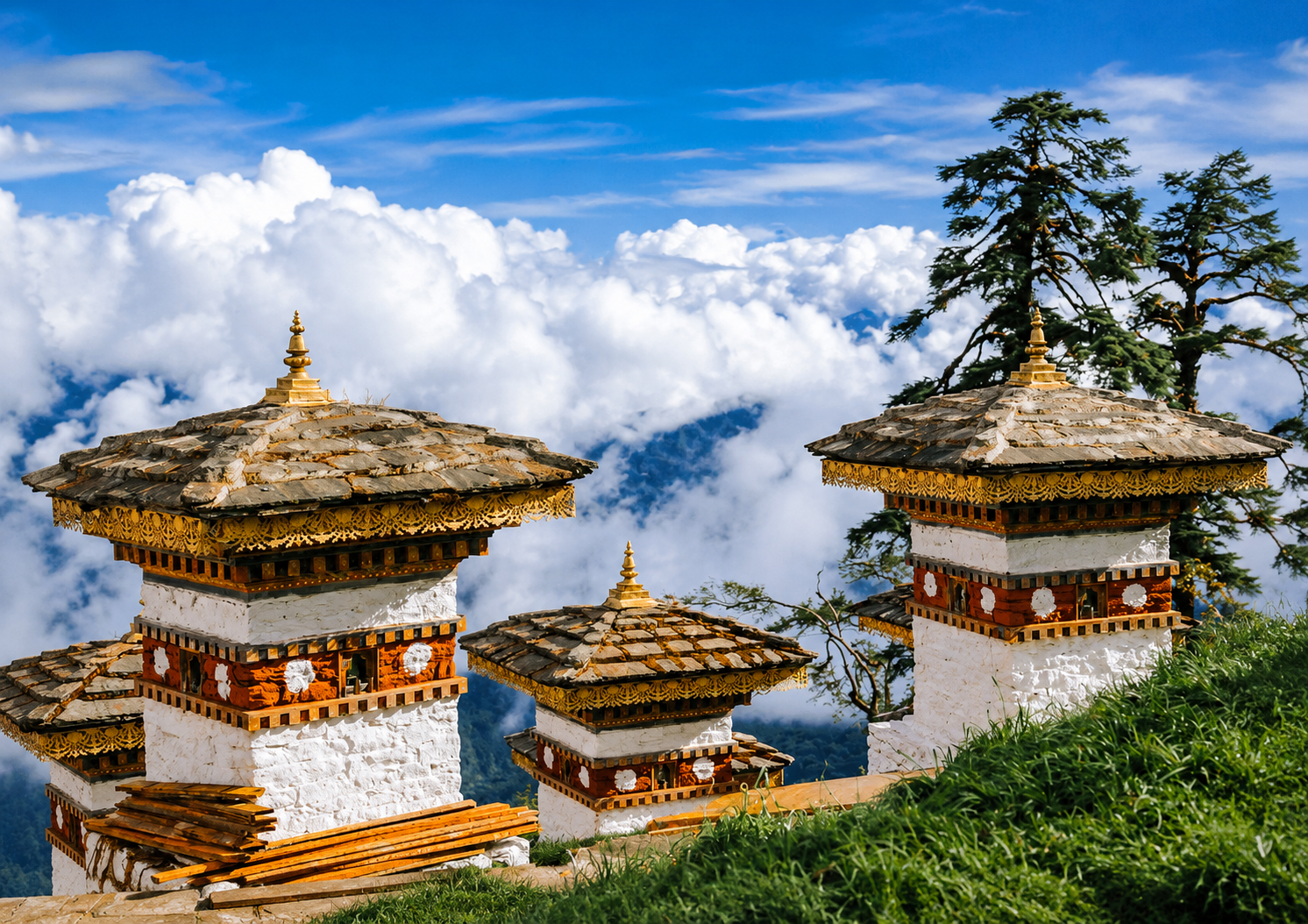 Traditional Bhutanese stupas with ornate roofs overlooking the Himalayan mountains
