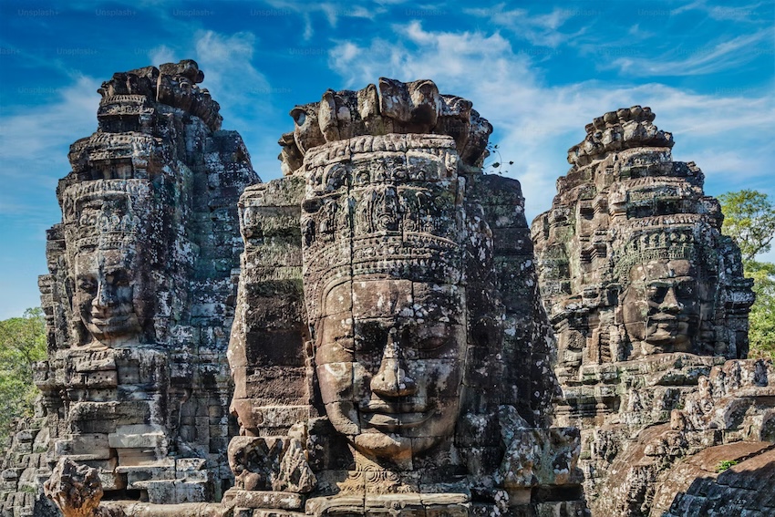 Bayon Temple stone faces and ancient Khmer carvings in Cambodia