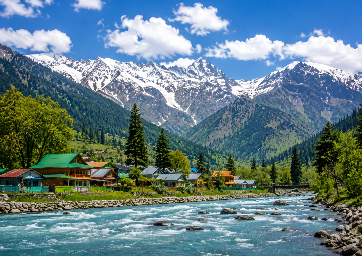 Kashmir mountain valley with a scenic river, green hills, and snow covered Himalayan peaks