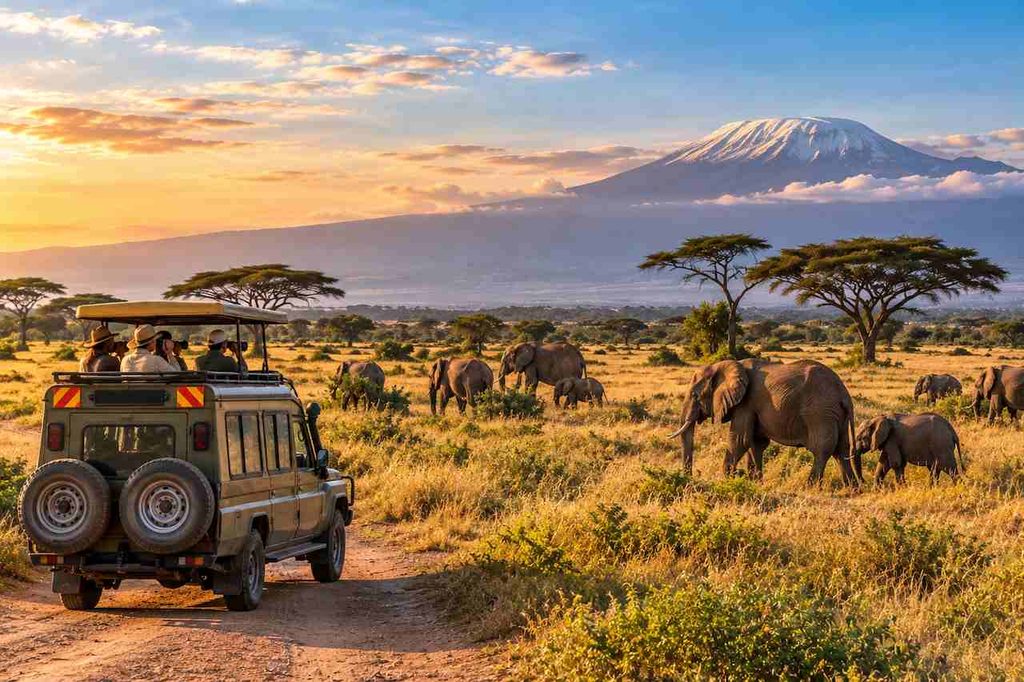Elephants roaming the African savannah near Mount Kilimanjaro as tourists enjoy a wildlife safari in Kenya and Tanzania.