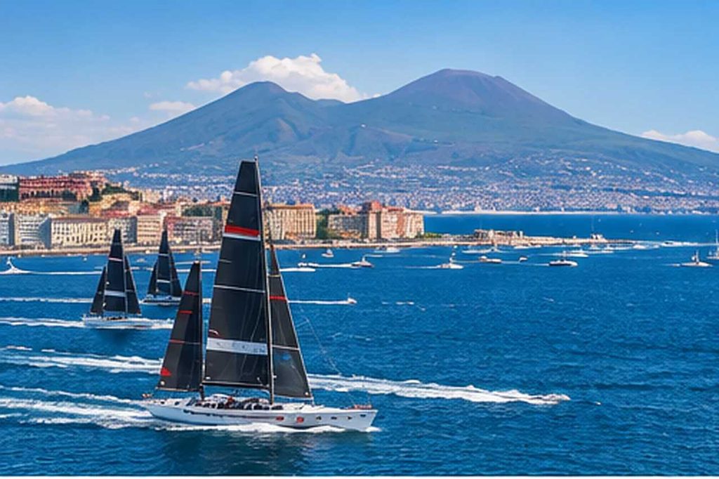 Sailboats on the Bay of Naples with Mount Vesuvius in the background.